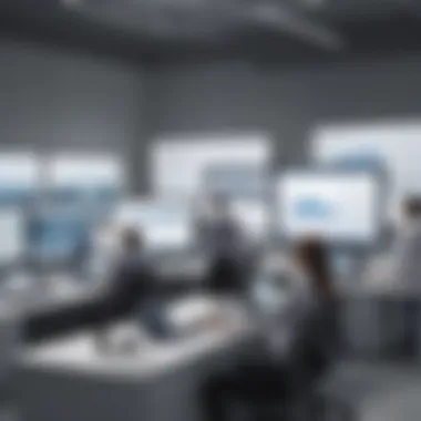 A business setting with collaborative document management on screens