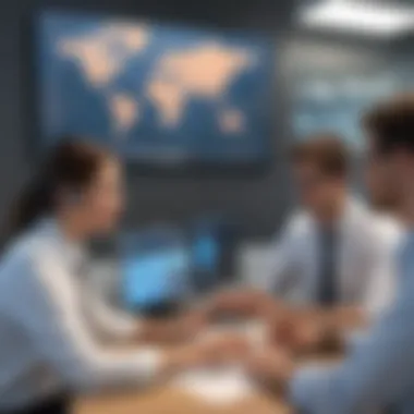 Travel agents discussing ticket booking software options Group discussion among travel agents about software solutions