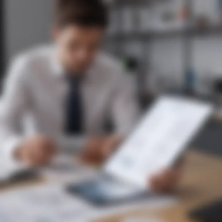 A business professional reviewing documents on a tablet in a modern office setting