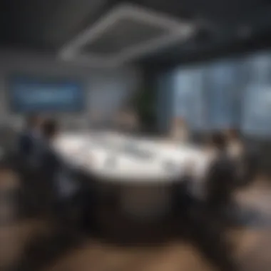 A group of professionals collaborating around a conference table, highlighting efficient space usage