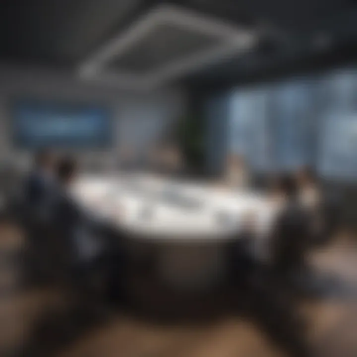 A group of professionals collaborating around a conference table, highlighting efficient space usage